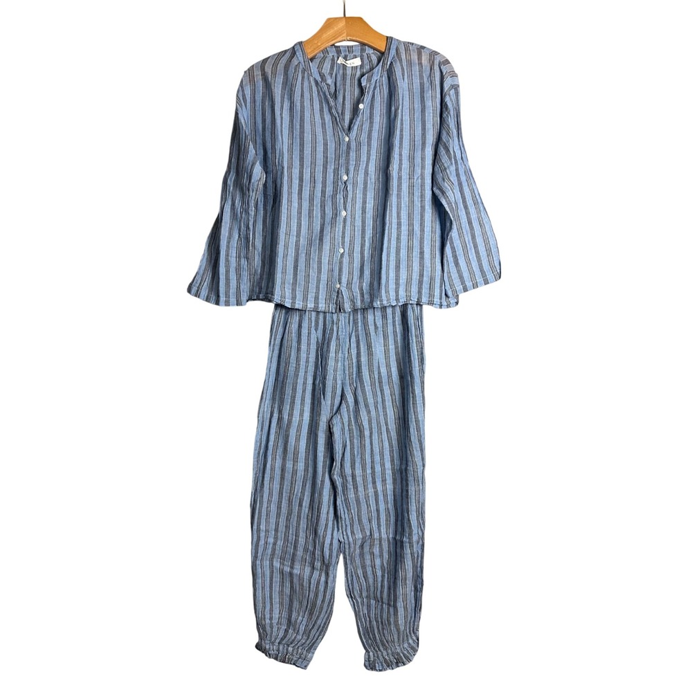 DOEN Kids Blue Striped Cotton Pajama Play Set Button Front Top Pants Size 8